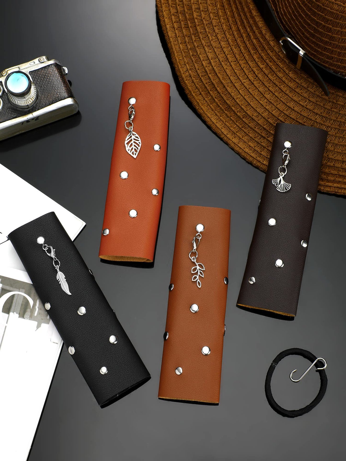 Yinkin 4 Pcs Leather Hair Wrap Motorcycle Ponytail Hair Wrap Ties for Woman PU Ponytail Holder Braided Helmet Bike Accessories (6 Inch, Black, Coffee, Brown, Reddish Brown)