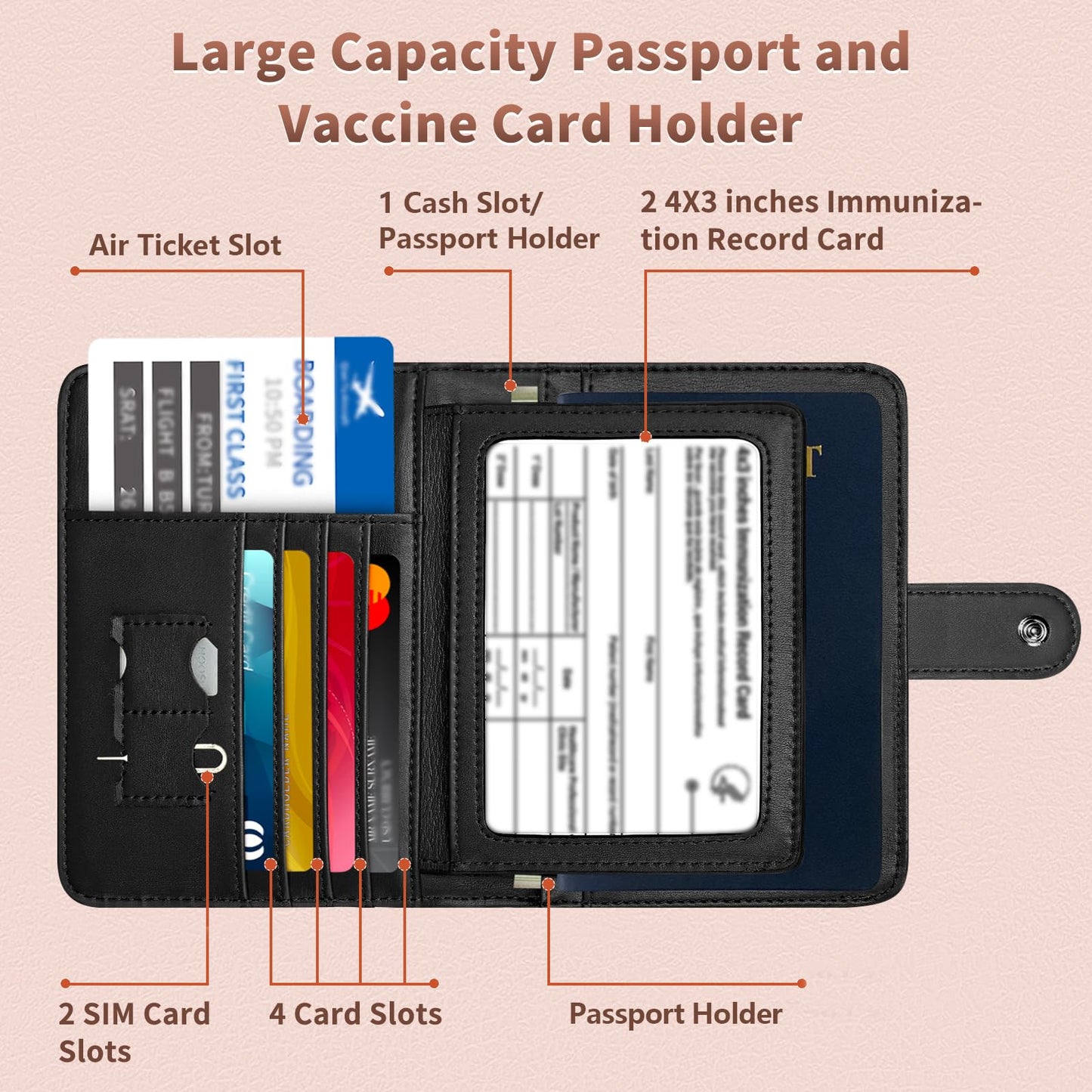 Passport Holder Women, Genuine Leather Passport Wallet RFID Blocking for Men and Women, Passport Cover with Snap Closure Fit for Immunization Record Card - Black