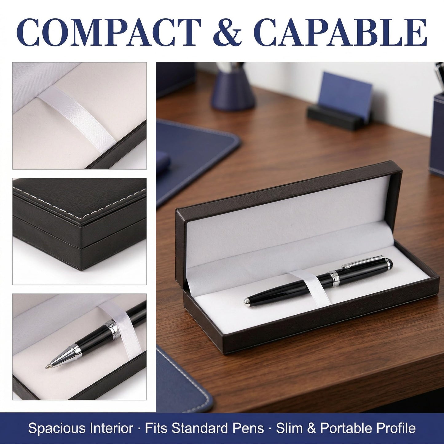 ZGGAZCA Leather Pen Box Single Case Empty Rectangle Pen Boxes for Fountain and Ballpoint Pens Display Organizer Storage Case for Men and Women Business Office School Supplies Collection Black