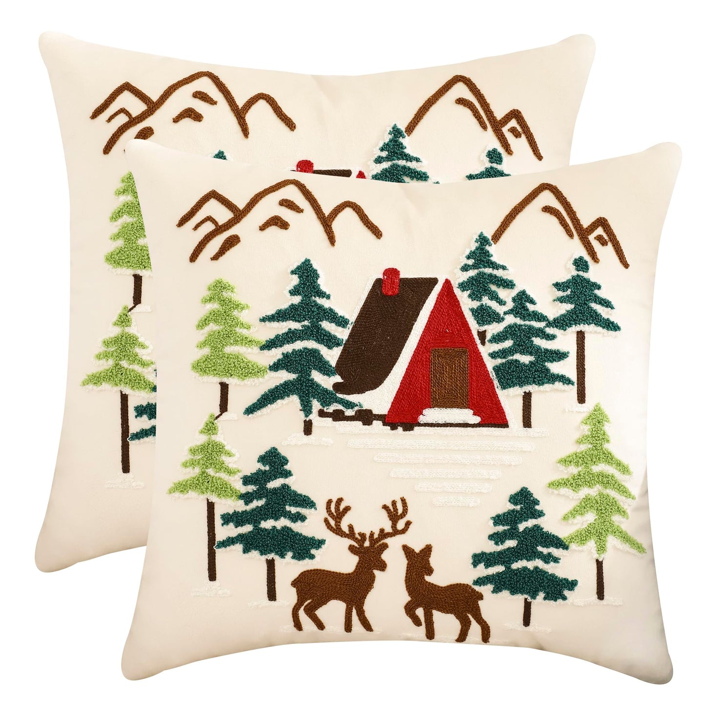 LUOYEHK Christmas Pillow Covers 18x18 Set of 2 House and Deer Decorative Beige Pillow Cases Winter Holiday Velvet Embroidered Cushion Covers for Couch Sofa Bed