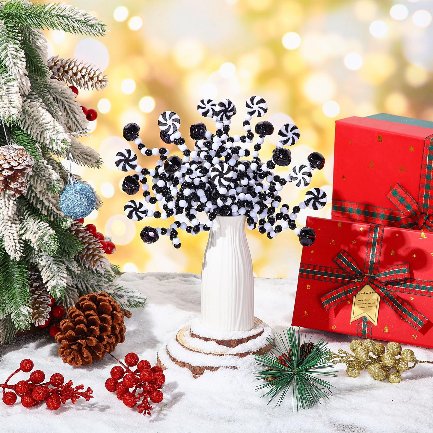 Tigeen 50 Pcs Christmas Candy Cane Pick White Black Christmas Tree Curly Pick Ornaments Xmas Candy Shape Tree Topper Decorations Home Office Crafts