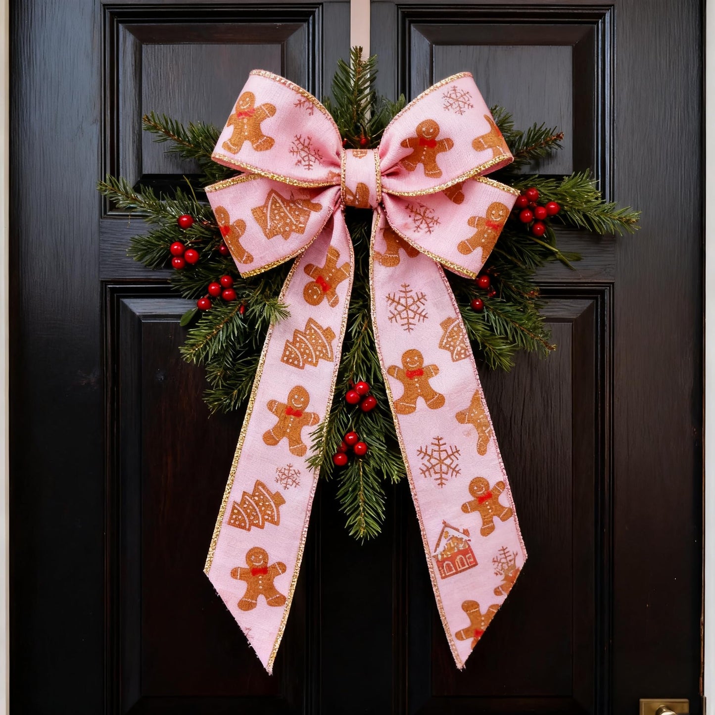 Meseey Pastel Pink Christmas Wired Ribbon 2.5 Inch 20Yards, Gingerbread Man Candy Cane Print Decor Ribbon for Xmas Tree Wreath Gift Craft