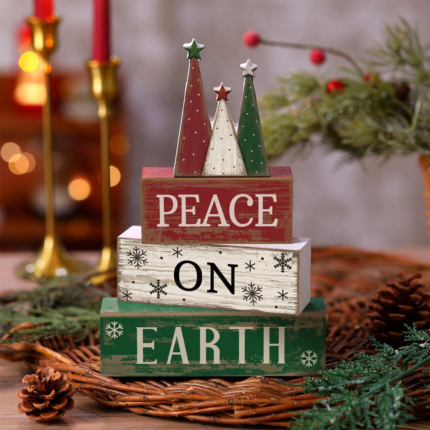 Lineshading 4 Pcs Christmas Table Decoration Wooden Christmas Tree Sign Winter Tiered Tray Decor Decorative Red Green and White Tree Block Signs Xmas Table Centerpiece Farmhouse Decor for Home Kitchen