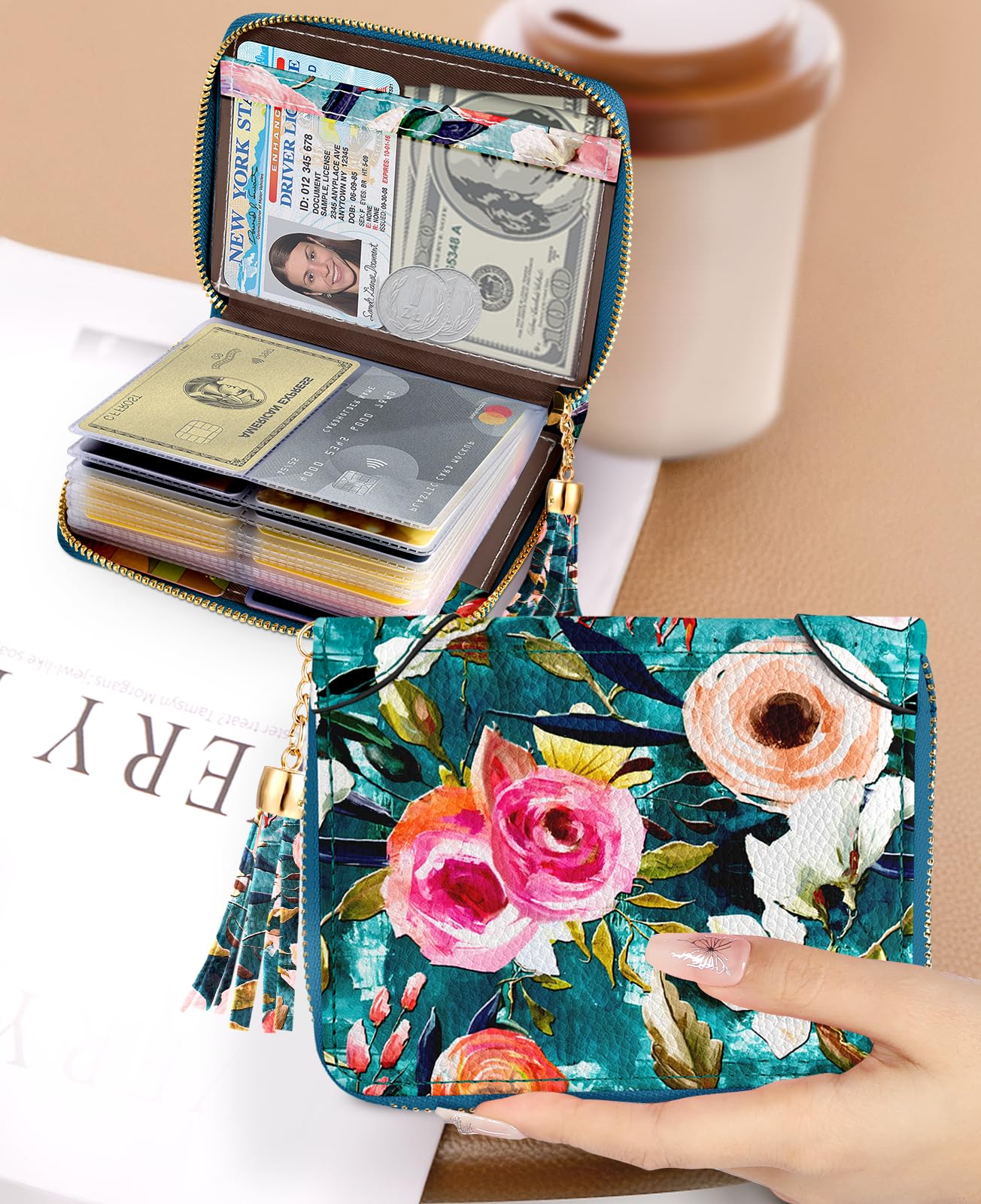 Bistup 【40 Slots Credit Card Holder for Women Girls Cute RFID Blocking Card Organizer Leather Cardholder Protector for Lady Female Large Capacity Size Big Zipper Wallet Flower Luxury Aesthetic Unique