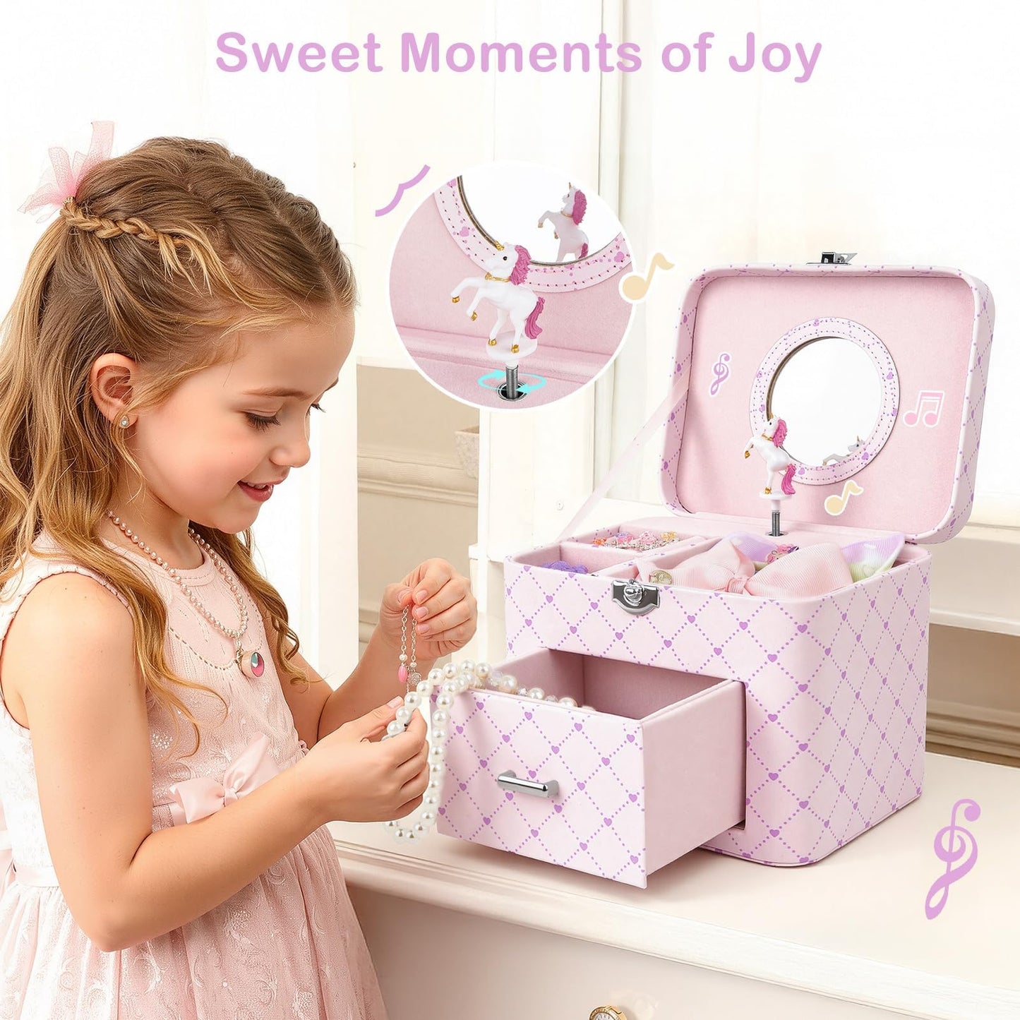Basumee Musical Jewelry Box for Girls PU Leather Music Box with Drawer Large Kids Jewelry Organizer with Unicorn/Ballerina Jewelry Storage for Little Girls Ages 3–10, Birthday & Holiday Present