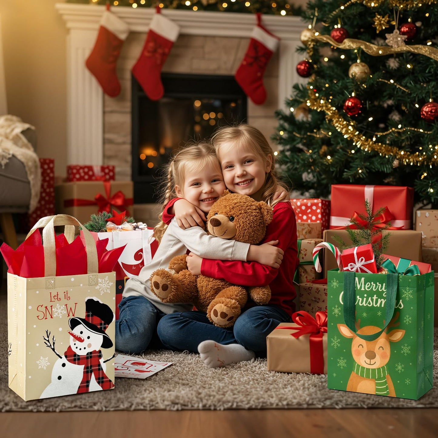 STYPOP 24 Pack 10" Christmas Gift Bags Medium Size with Tissue Paper, Reusable Non-Woven Christmas Tote Bags with Handles, Perfect for Xmas Gift Wrap/Party Favor Supplies, 10" × 8" × 4"