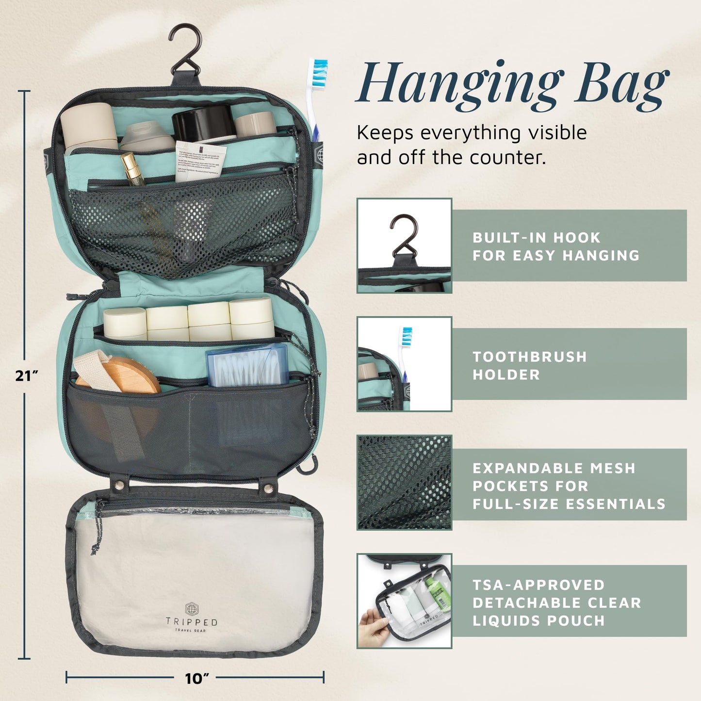 Toiletry Bag Kit Set: Hanging Travel Toiletry Bag + 311 TSA Cosmetic Liquid Bag + Ultralight Accessory Organizer Pouch (Dusty Teal)