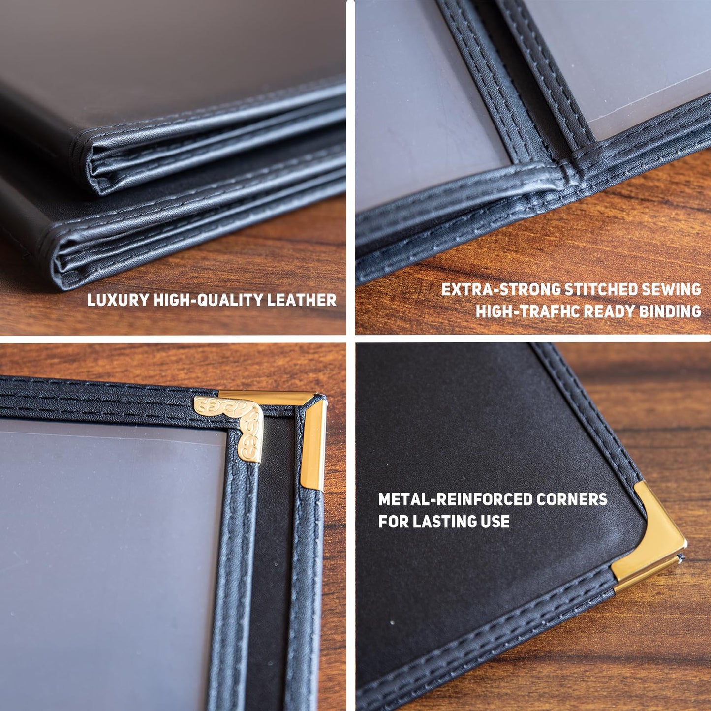 Restaurant Menu Covers 8.5×11 – 8 Page 16 View Menu Sleeve, Premium Black Faux Leather, Waterproof Durable Menu Holder for Bar Cafe Hotel, 2 Pack