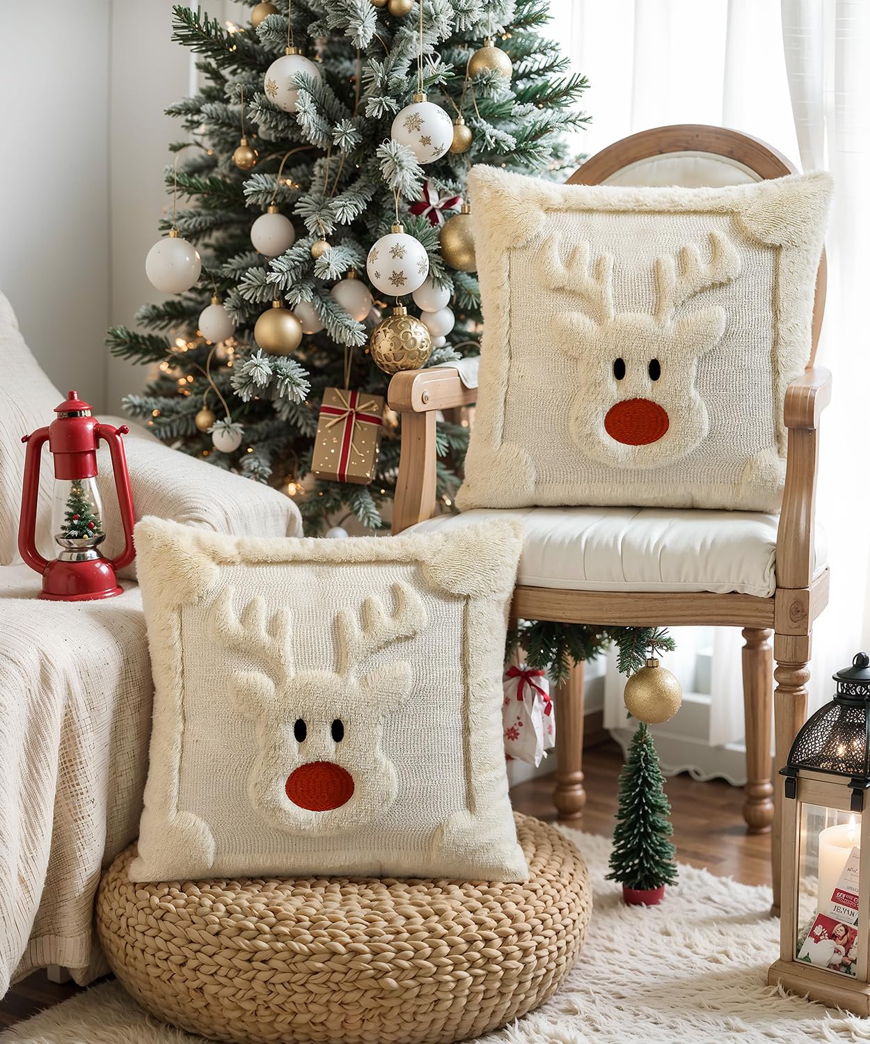 SEGXCFL Christmas Pillow Covers Set of 2 Soft Plush Faux Fur Pillow Cases 3D Embroidered Decorative Couch Cover Home Decor Christmas Throw Pillow Covers 18x18,Beige Reindeer