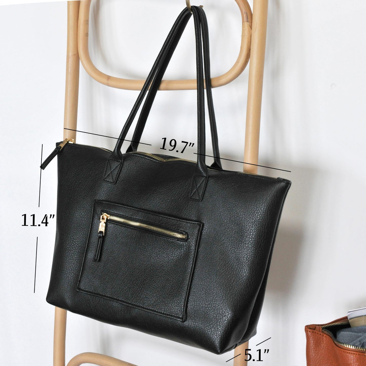 Tote Bag for Women with Zipper Vegan Leather Handbag with Trolley Sleeve Travel Weekender Carryall Bag (Black)