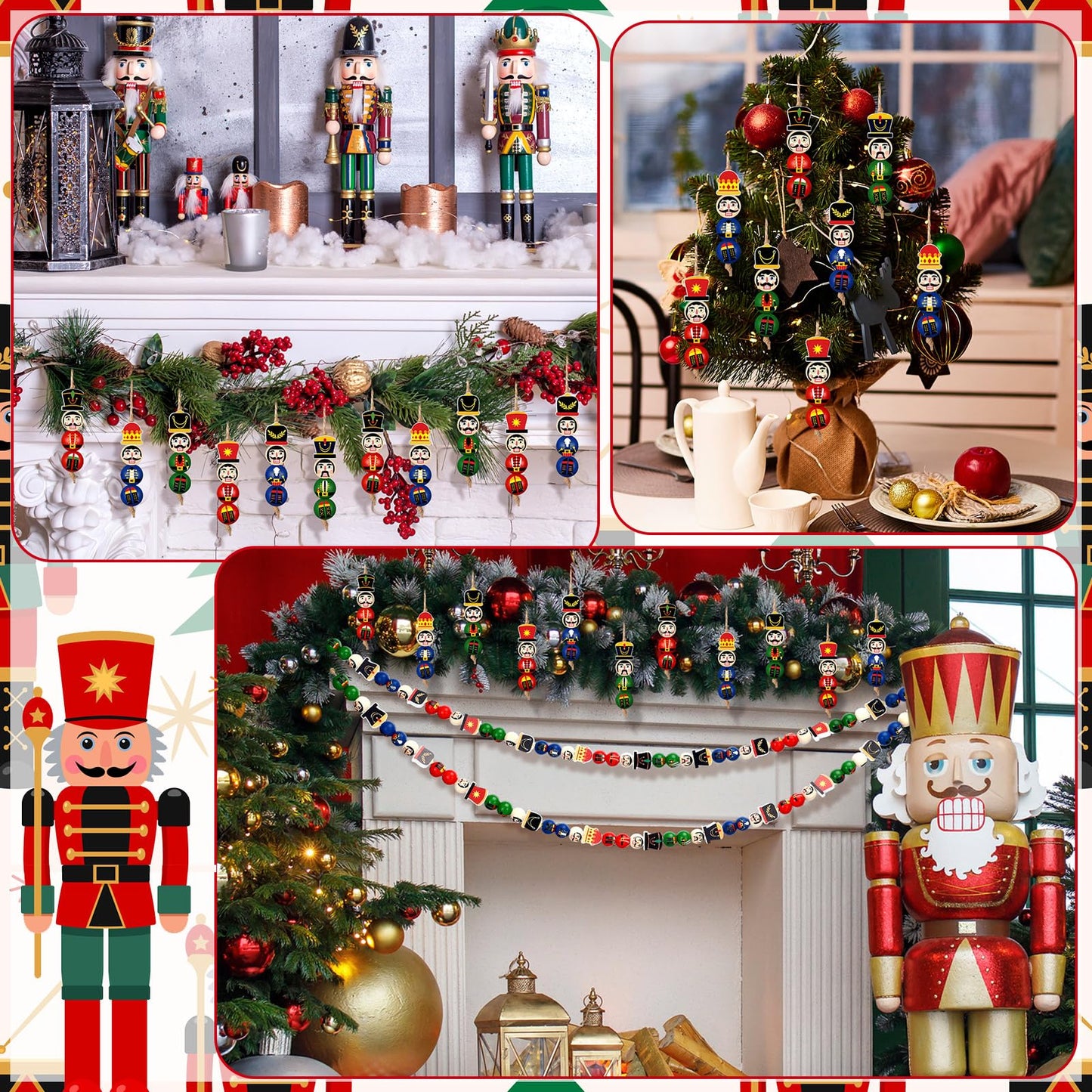 Cinnvoice 240 Pcs Summer Christmas in July Wood Beads with Twine Snowman Gingerbread Man Nutcracker Wooden Bead Garland DIY Crafts Round Beads for Xmas Party Decor(Classic Nutcracker)