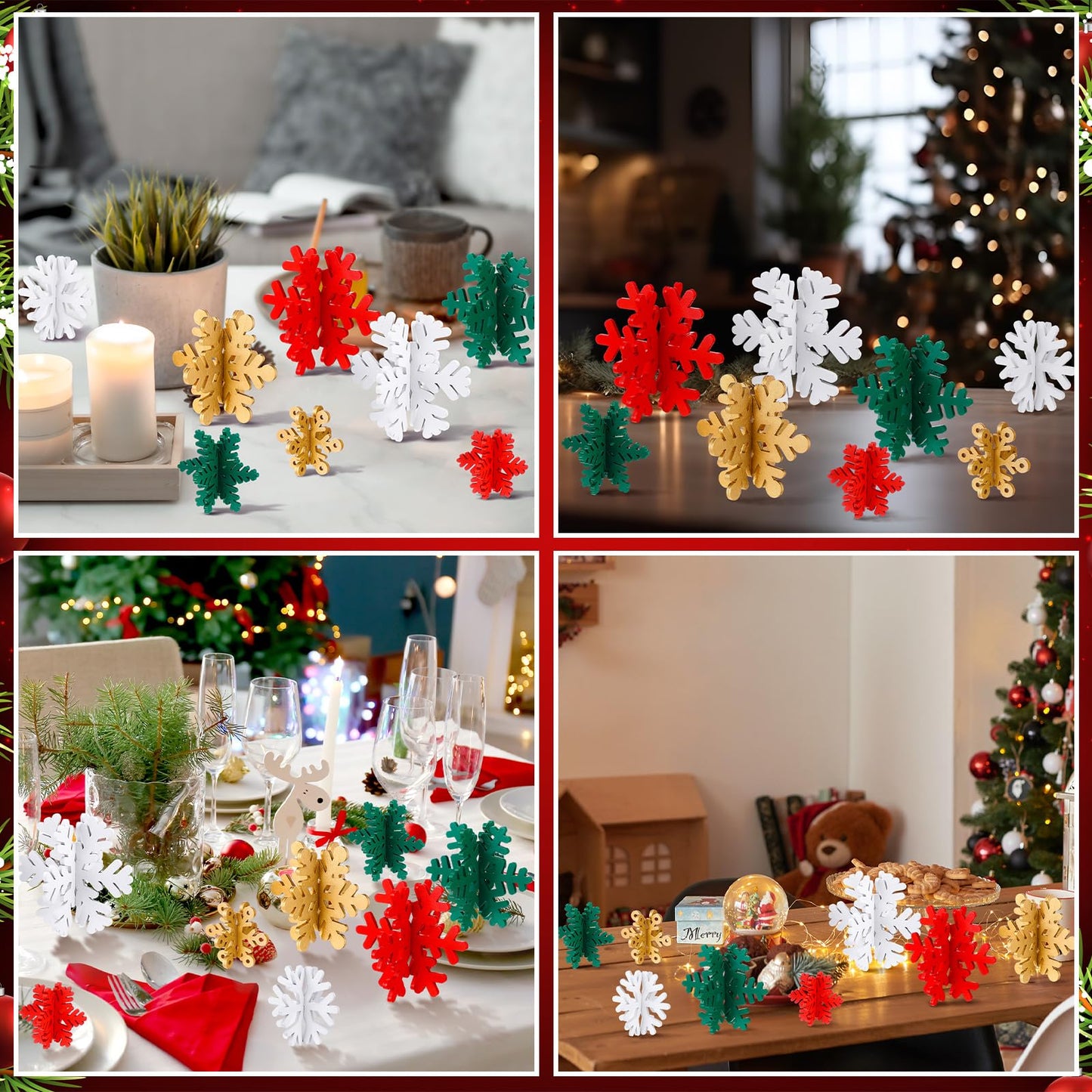 Wenqik 16 Pcs Winter Wooden Snowflake Decor Christmas Winter Snowflake Tabletop Decorations 3D Snow Table Signs Standing Centerpiece Xmas Tiered Tray Decorations for Party(Gold, White, Green, Red)