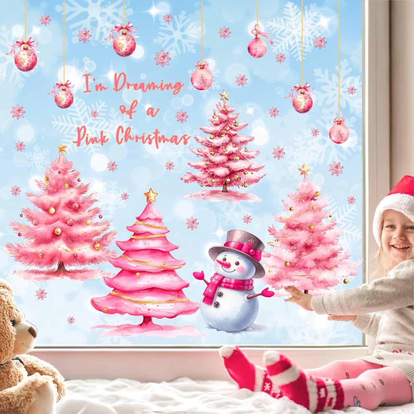 Pink Christmas Window Clings Double-Sided Christmas Tree Windows Decoration Stickers Indoor Xmas Pine Tree Window Decals for Glass Snowman Snowflakes Decals for Winter Holiday Party Supply