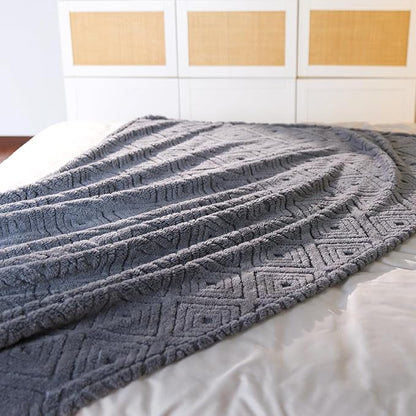 Geometric 50x70 Inch Flannel Jacquard Throw Blanket- Soft & Cozy Luxurious Blankets for Couch, Bed, Sofa, Travel，Home and Dorm Decor，Housewarming Gift for Women & Men,Dark Grey