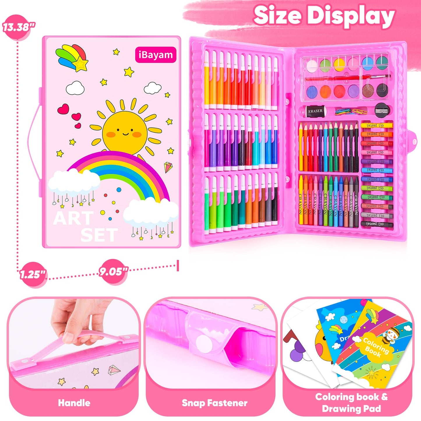 iBayam Art Supplies, 149-Pack Drawing Kit Painting Art Set Art Kits Gifts Box, Arts and Crafts for Kids Girls Boys, with Coloring Book, Crayons, Pastels, Pencils, Watercolor Pens & Cakes (Pink)