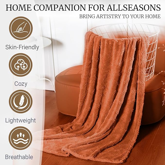 Jacquard Boho Fleece Throw Blanket-Cozy Fluffy Soft Lightweight Fuzzy Blanket for Sofa, Couch, Bed, Chair & Car, Gifts for Teen Girls, Women & Men, Home and Dorm Decor, Rust Red, 50" x 70"