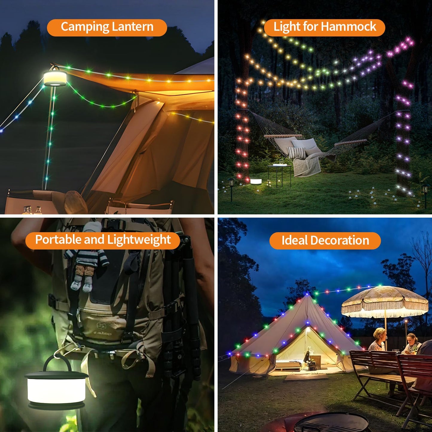 TOHETO Camping String Lights, 3 in 1 Upgraded Retractable RGB Outdoor String Lights with 19 Lighting Modes, Quick 30s Recovery, 32.8 FT Portable Tent Lights, Rechargeable Camping Lantern (Green)