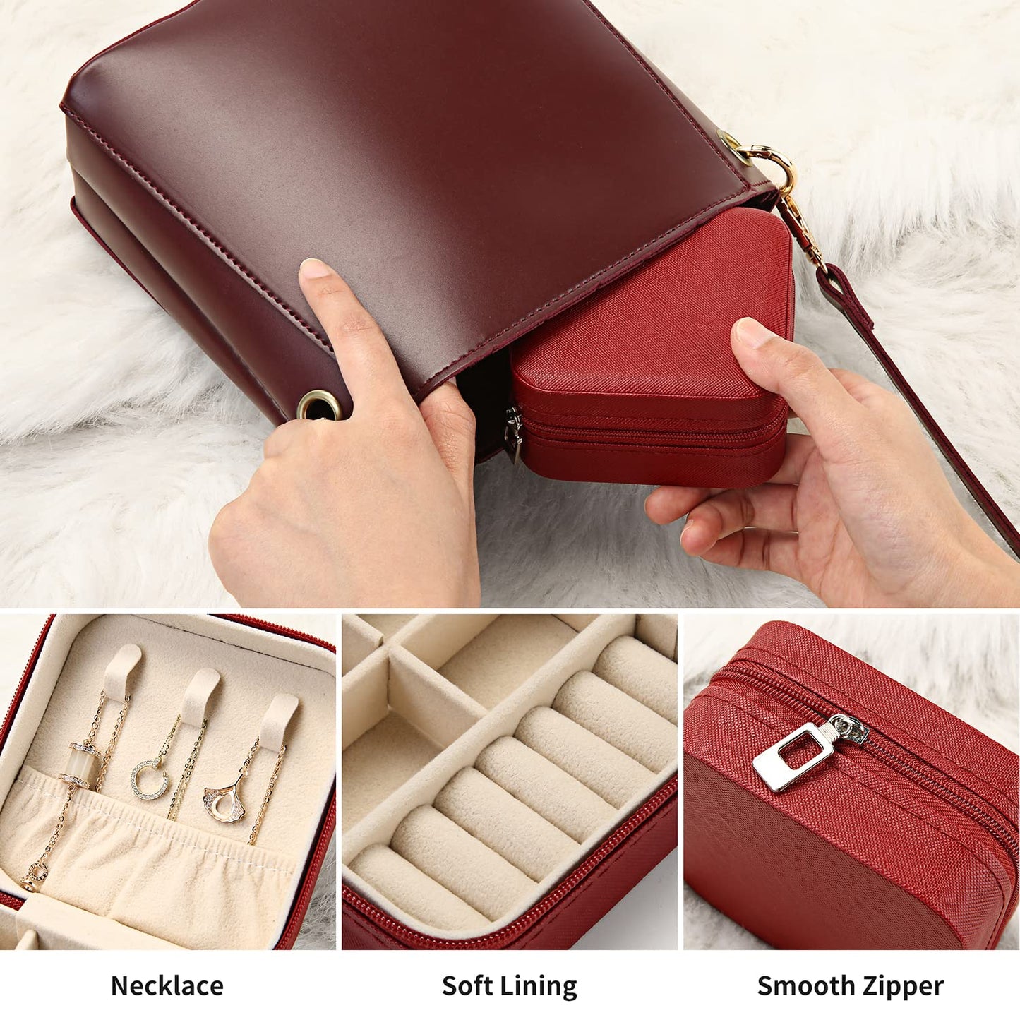 TRODANCE Mini Jewelry Case, Small Travel Jewelry Organizer, Portable Jewelry Box Mini Storage Organizer Display Box For Rings Earrings Necklaces (Red-4pcs)
