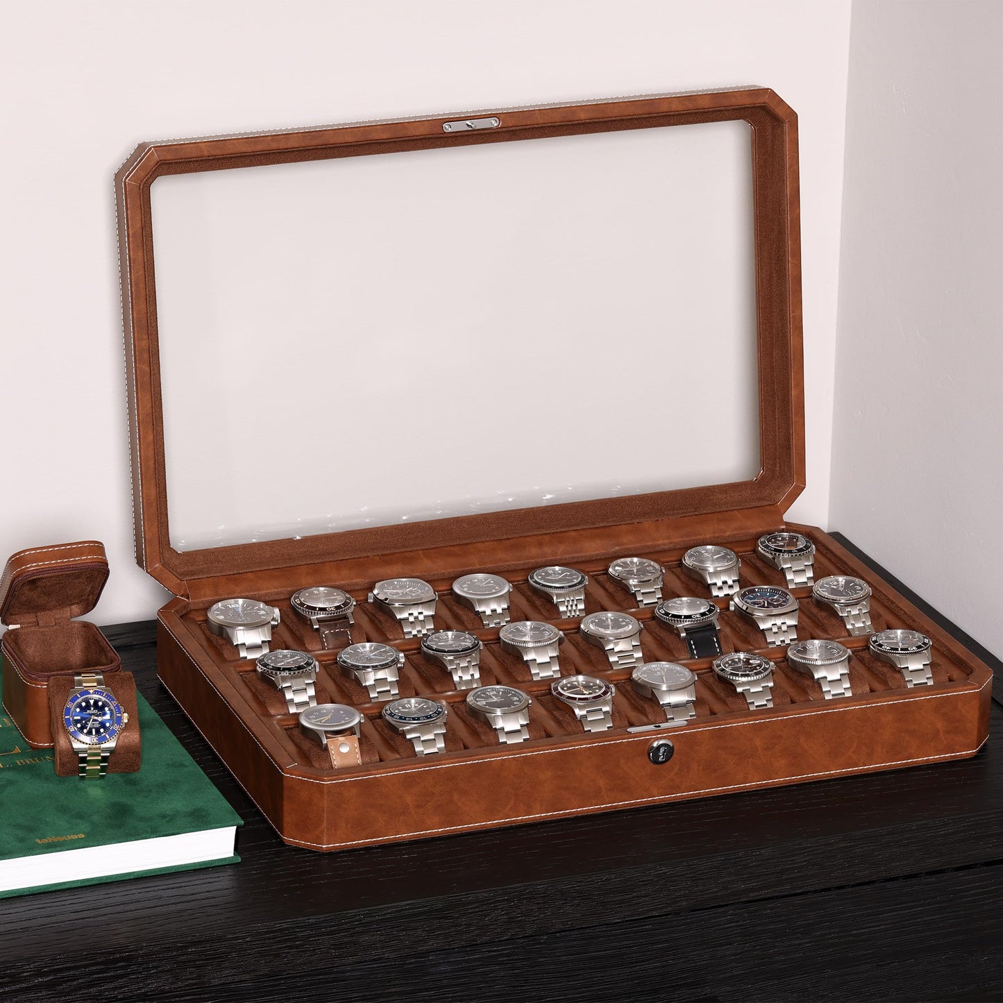 ROTHWELL 24 Slot Watch Case with Lock – Luxury Watch Box to Display and Organize Your Collection | Real Glass Top | Premium Storage for Collectors (Tan/Brown)