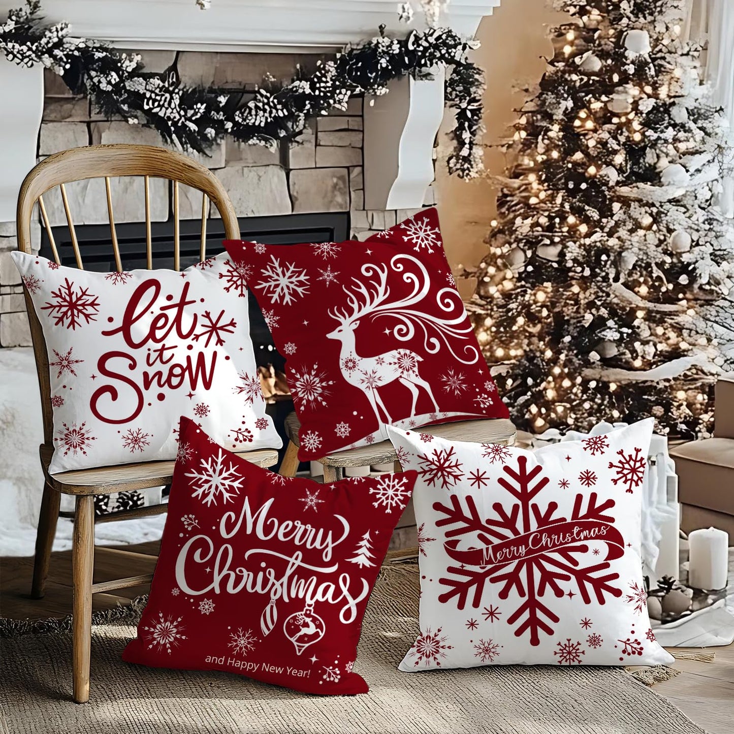 Artmag Merry Christmas Throw Pillow Covers 16x16 inch Snowflakes Let it Snow Moose Winter Holiday Red Cushion Case for Coach Sofa Decorations Set of 4