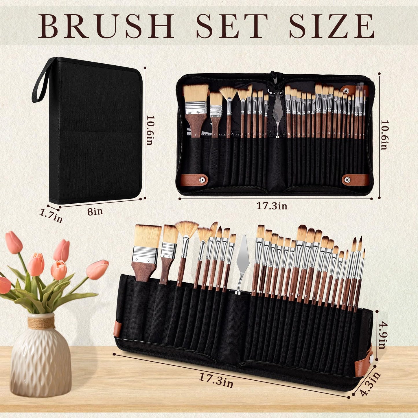 26-Piece Nylon Paint Brush Set – Zipper-Sealed Case, Independent Brush Compartments, Foldable Stand, for Beginners & Professionals