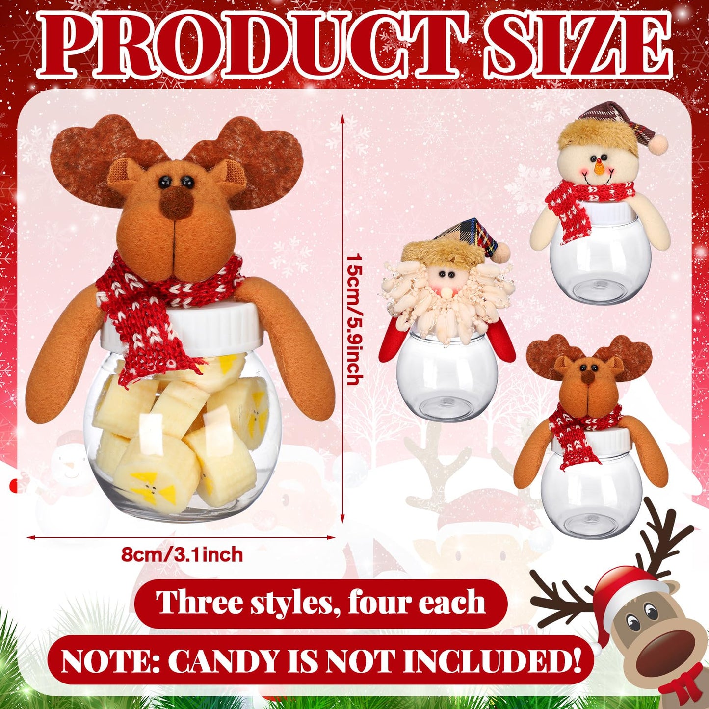 Reallnaive 12 Pcs Christmas Candy Jars with Snowman Santa Elk Lid 5.91 x 3.1 Inch Plastic Clear Christmas Cookie Chocolate Jar Xmas Snack Food Storage Container for Gifts Holiday Party Favor Supplies