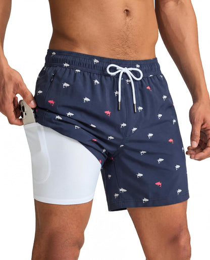 maamgic Mens Swim Trunks with Compression Liner 5 Inch, Quick Dry Bathing Suit with Zipper Pockets, Stretch No-Chafing Swim Shorts, Navy-Mini Shark Medium