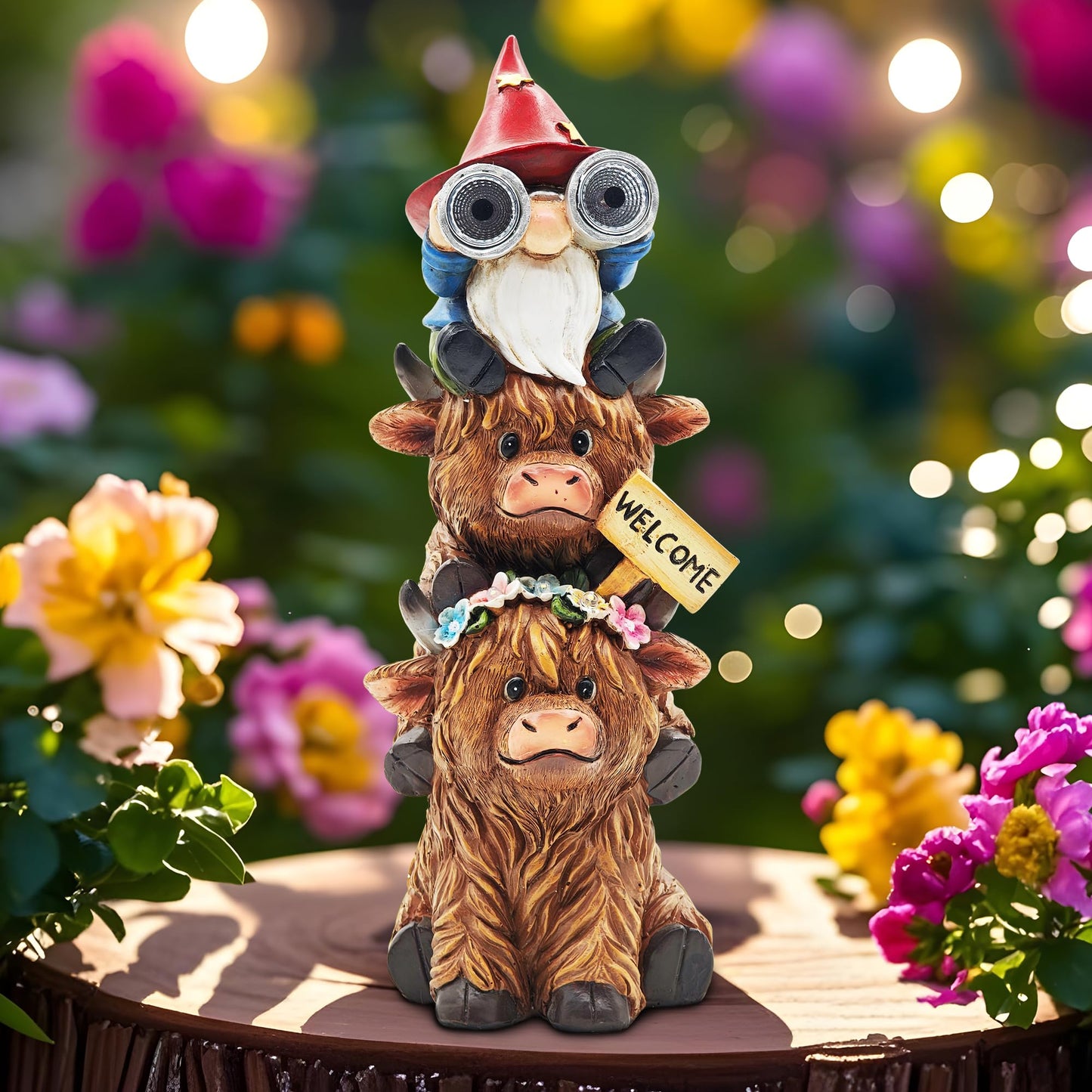 CFFOWNUG Garden Gnomes Outdoor Statue: 11'' Highland Cow Decor with Welcome Sign Funny Triple Yard Decorations with Solar Light Unique Birthday Gifts for Women Mother Grandma