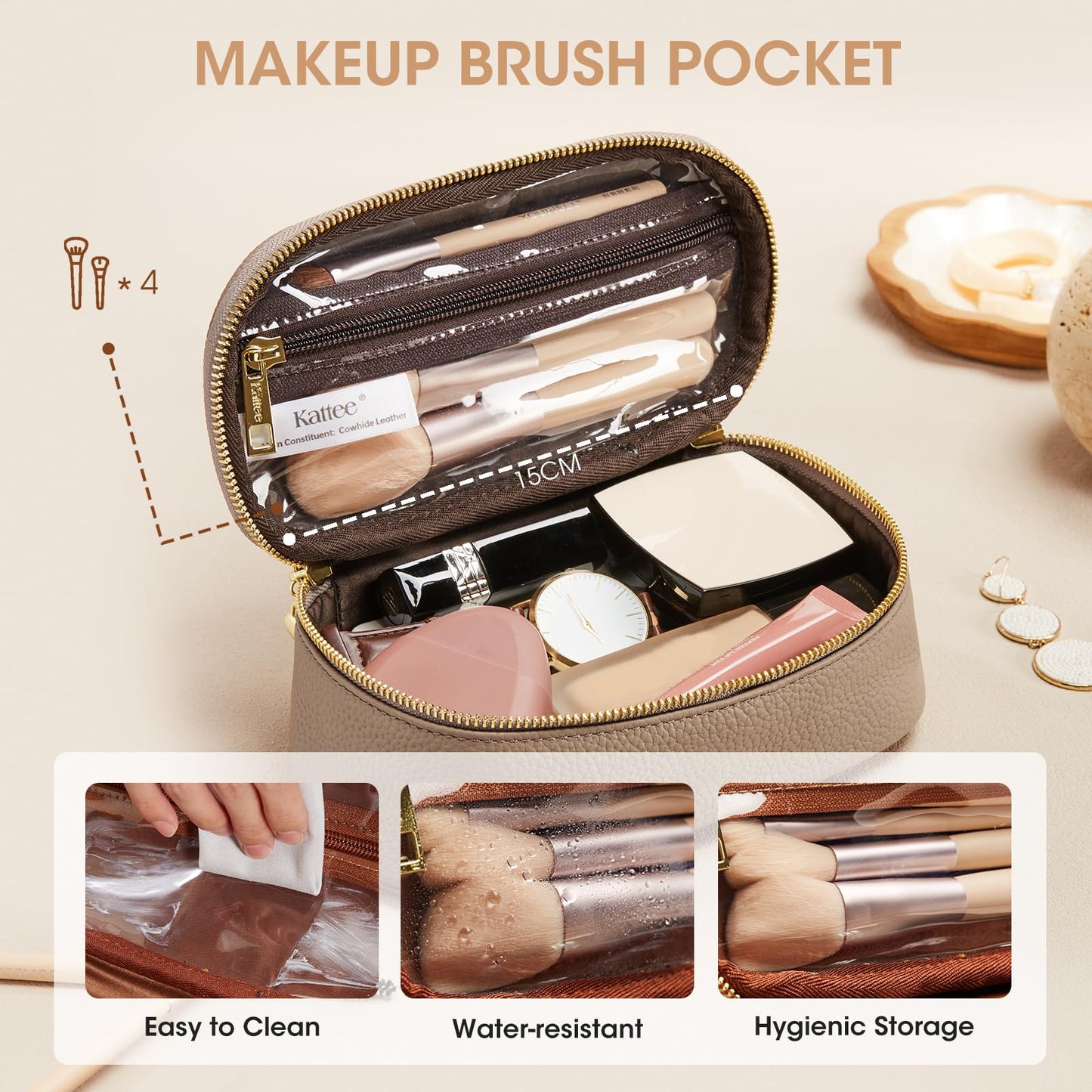 Kattee Makeup Bag for Women, Leather Cosmetic Bag, Working Makeup Bags for Ladies with Handles, Portable Travel Toiletry Bag,Apricot
