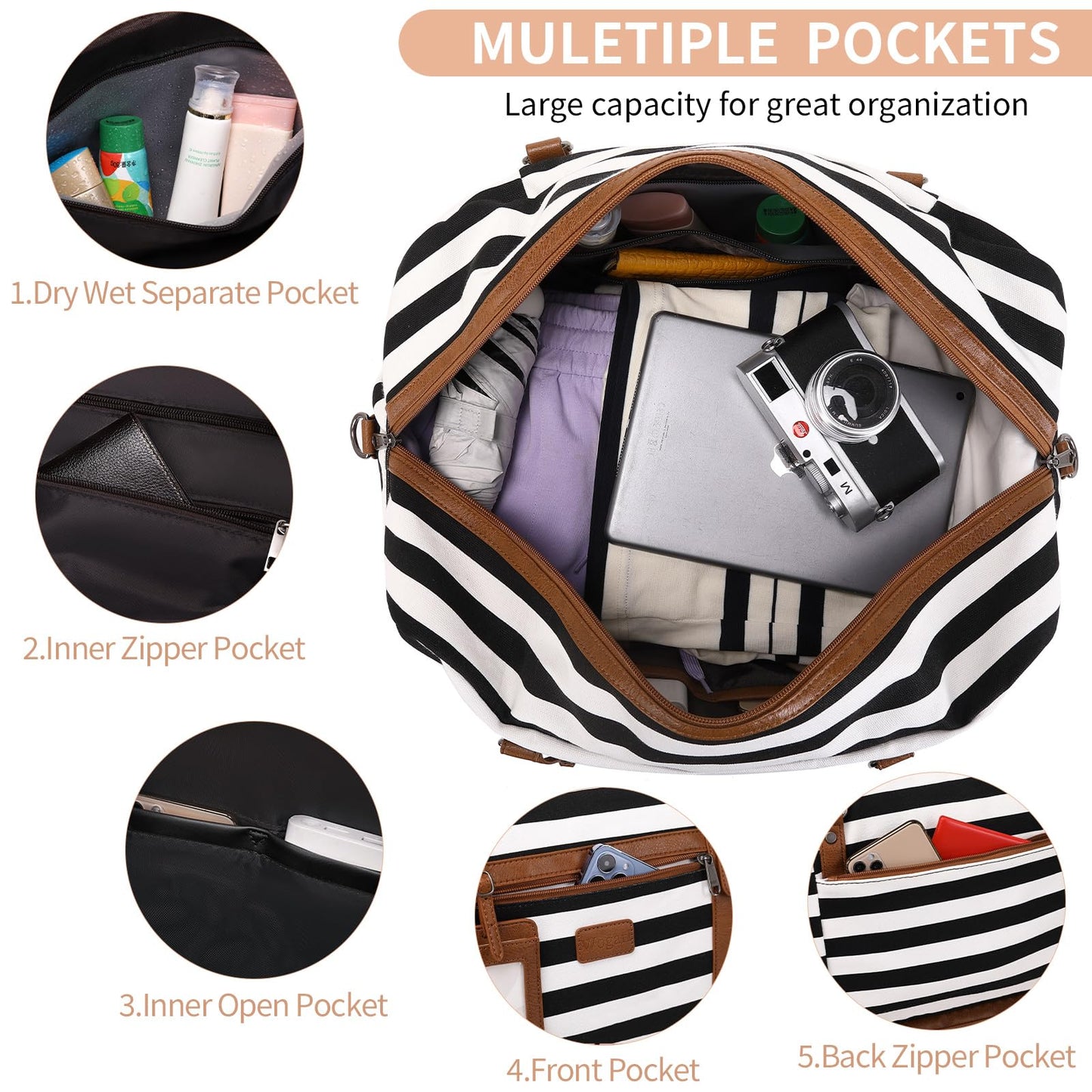 Wogarl 4PCS Weekender Bags for Women Large Overnight Bag Weekend Travel Duffel Bag Carry on Shoulder with Shoe Compartment Canvas Toiletry Bag for Travel Business Gym(Wide Black White-CH)