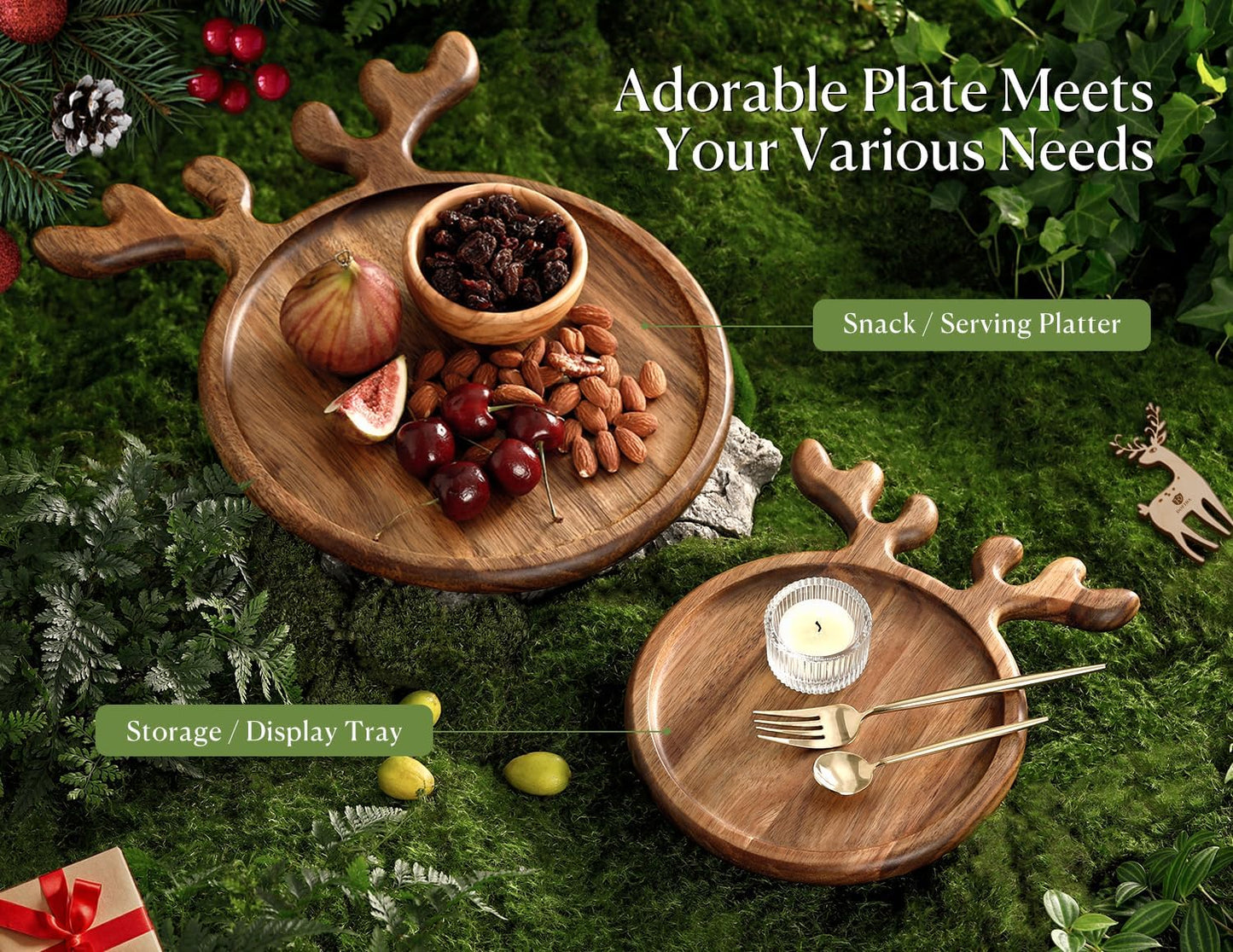 Dofira Acacia Antler Christmas Serving Platter, 12" x 15" Round Wooden Food Dish, Serving Dishes Charcuterie Board Tray for Cheese Fruit Bread, Christmas Platter for Housewarming, Mother’s Day