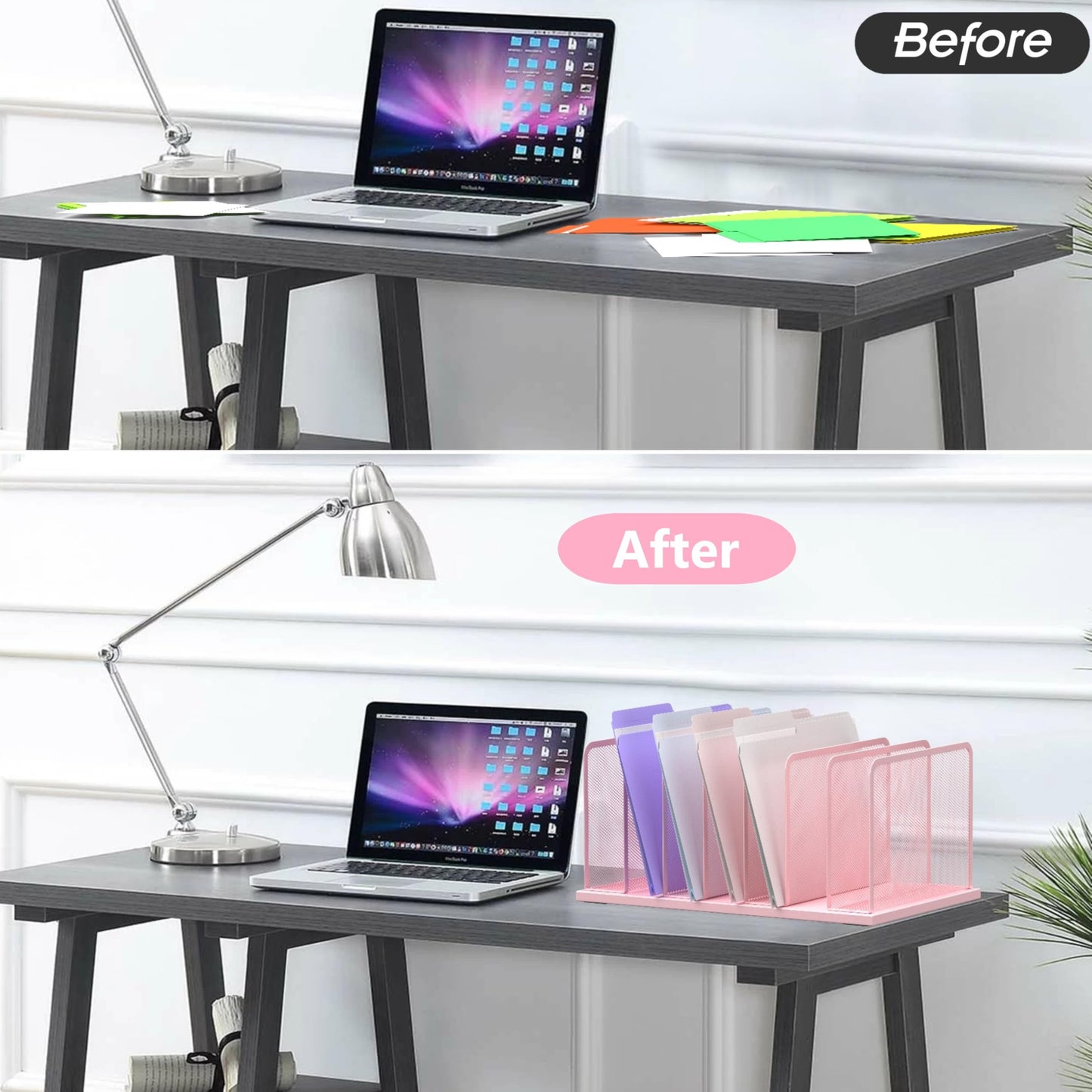 Kuntine.B Desk File Organizer Upright Mesh Desktop Organizer File Sorter Office Organization File Holder for Home, Office & Classroom (Pink, 2 Pack 7-Section)