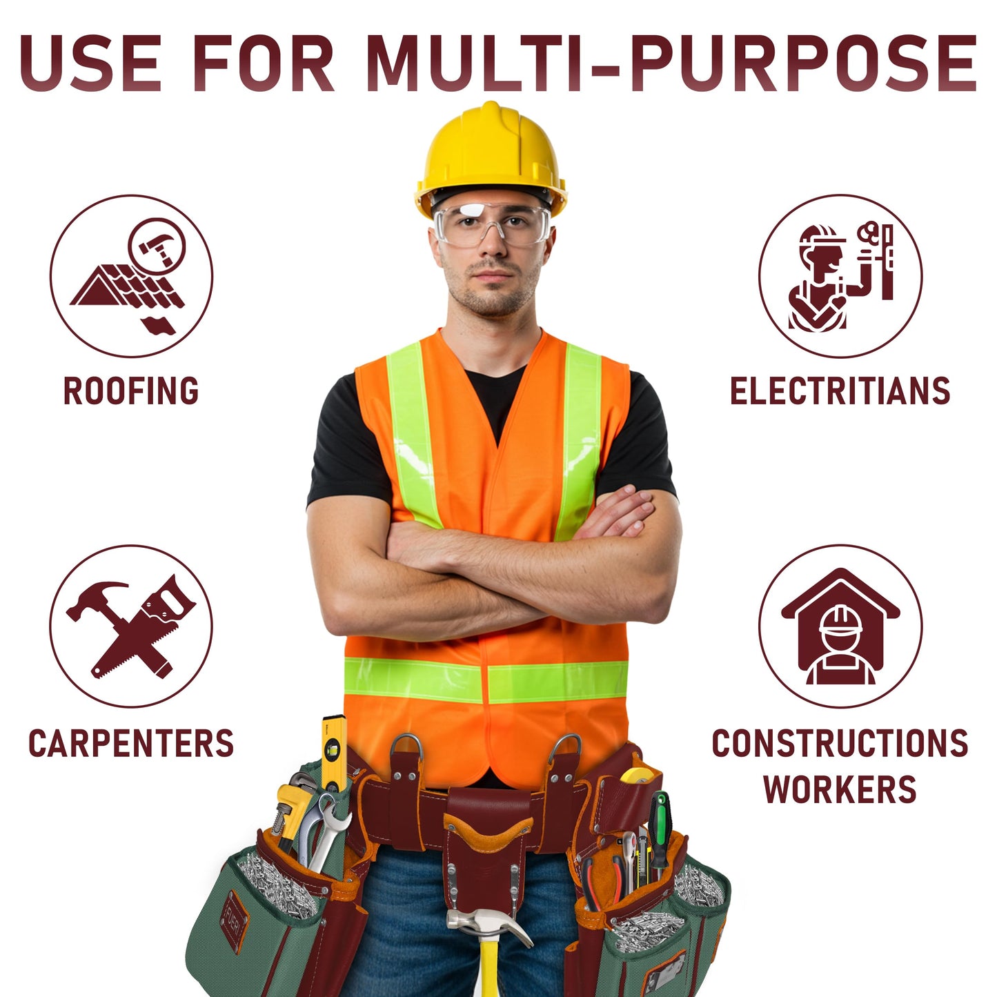 FUERI Electrician's Heavy Duty Tool Belt with Suspender, Made of Thick Leather and Durable Nylon, Comes with Adjustable Padded Tool Belt, Storage Capacity Tool Pouches, Hammer Holder, And Loops.