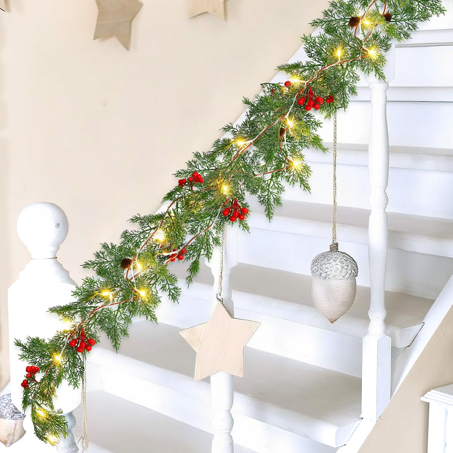 Spiareal 1 Pcs 9 ft Christmas Garland with Light Christmas Lighted Pine Garland Prelit Battery Operated Cedar Pine Cone Red Berry Greenery for Mantle Fireplace Decor