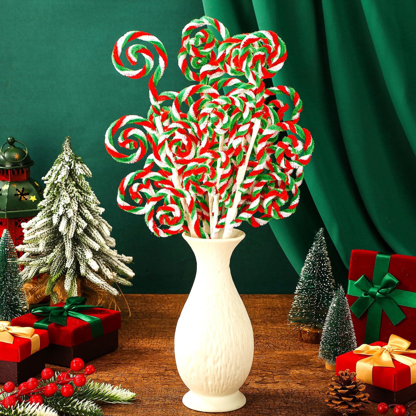 Gerrii 12 Pcs Red Green White Candy Cane Christmas Decoration 16" Tree Pick Peppermint Christmas Ornament Xmas Tree Topper Woolen Curly Lollipop Pick Spray for Holiday Party Vase Wreath Garland