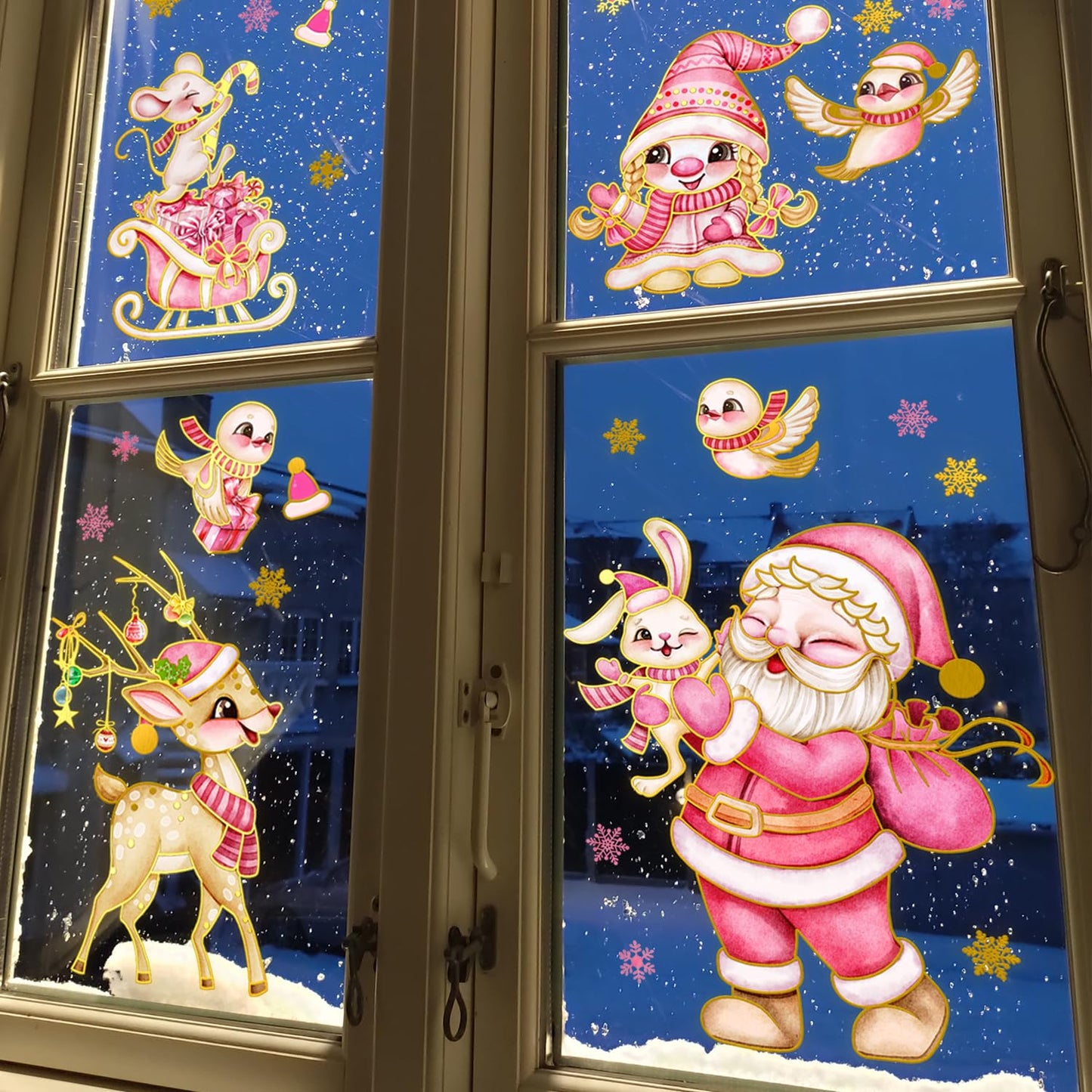 Wrdpyrmnis Pink Santa Claus Wall Stickers with Reindeer Christmas Gnome Window Sticker Decor Peel and Stick Wall Decals Window Clings for Room Classroom Christmas Decorations (1 Sheet)