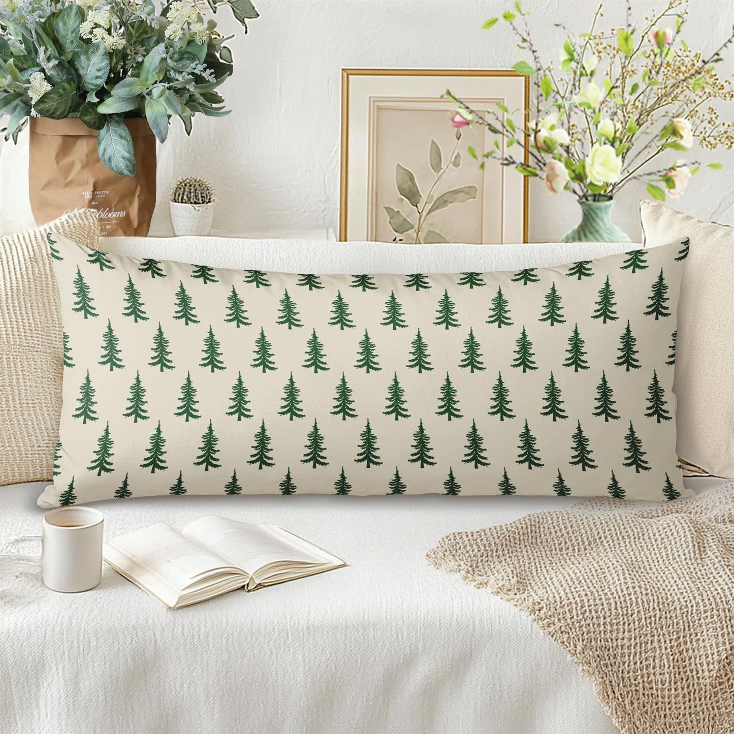 Christmas Pillow Cover 14x36 Inch Green Cream Tree Xmas Holiday Print Decorative Long Throw Pillowcases Outdoor Winter Seasonal Rustic Farmhouse Lumbar Rectangle Cushion Case Decor for Couch Sofa Bed