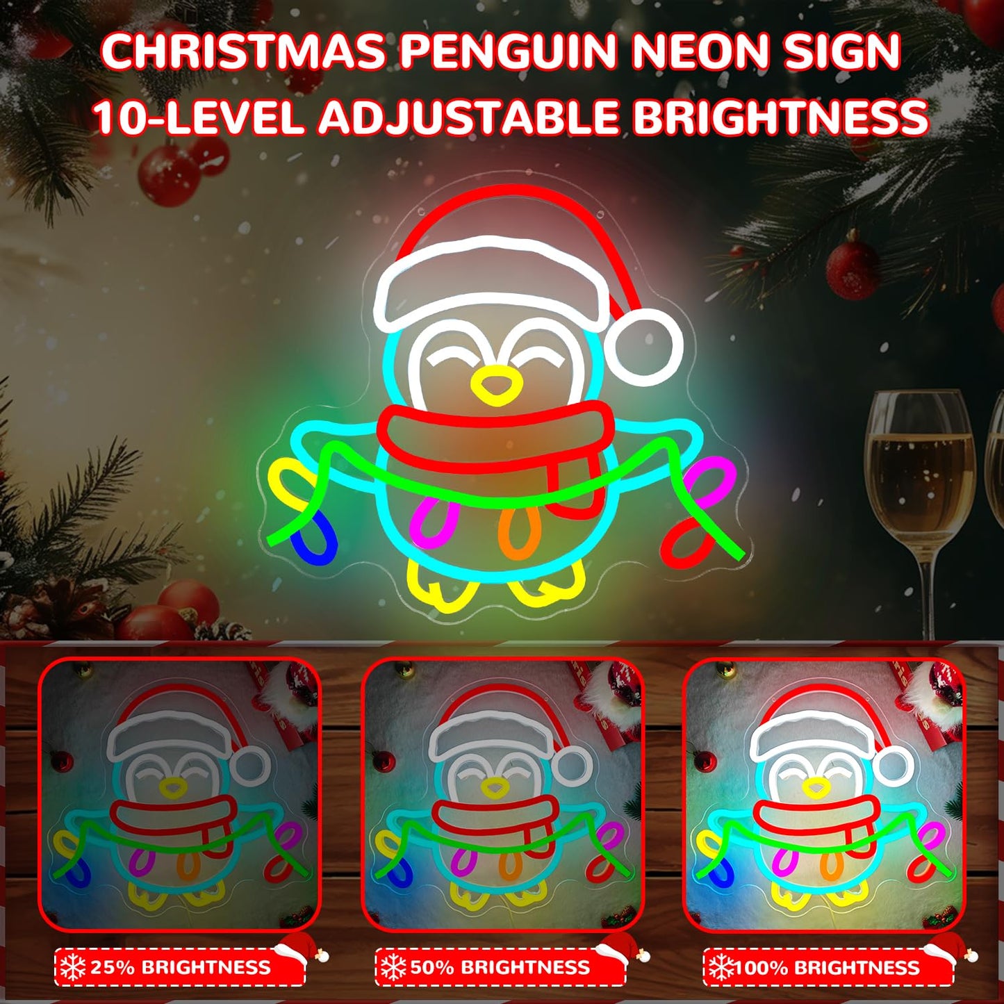 hhuohuona Christmas Penguin Neon Sign Dimmable Neon Christmas Signs Penguin With Lights Led Xmas Light Up Sign Winter Wall Art for Room Decor Penguins Lovers Gift