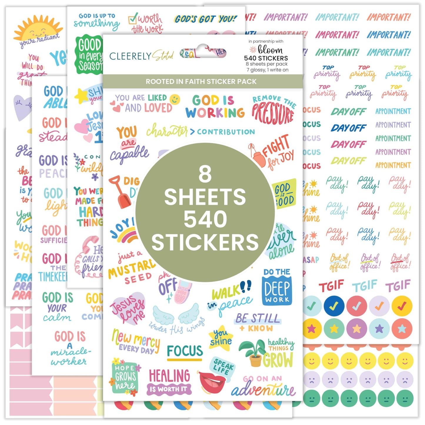 bloom daily planners x Cleerely Stated Rooted in Faith Sticker Pack - 8 Sheets /540 Stickers - Christian Planner Stickers for Journaling, Religious Encouragement, Bible Study, Prayer & Devotionals