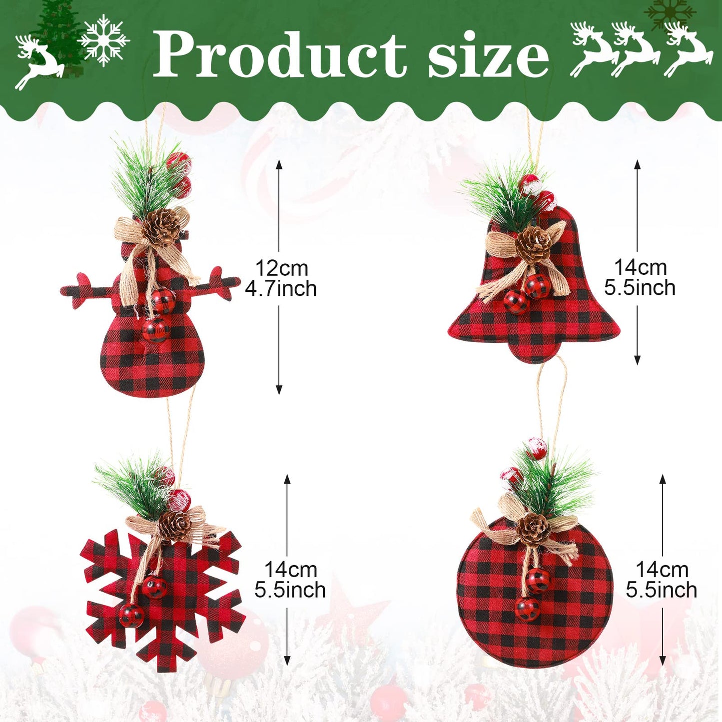 Sratte 20 Pcs Rustic Christmas Tree Ornaments Set 2.5" Hanging Burlap Plaid Ball 3.1"-6" Red/White Black Buffalo Check Ball for Farmhouse Christmas Ornaments Country Xmas Decorations(Red,Black)