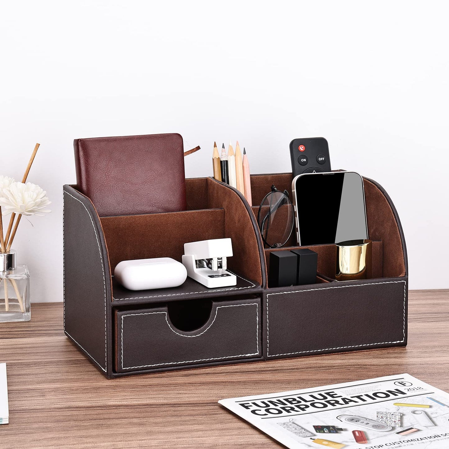 KINGFOM Pu Leather Desk Organizer Pen Pencil Holder Office Supplies Caddy Storage Box 6 Compartments with Drawer Brown