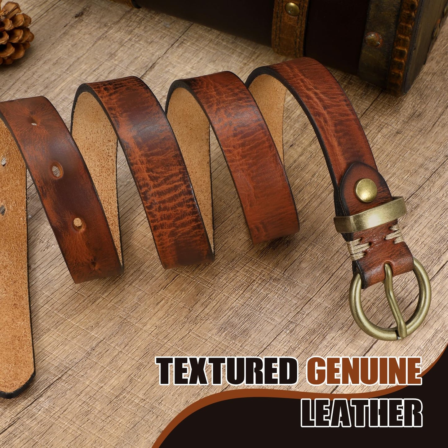 SANSTHS Womens Genuine Leather Belts for Jeans Pants Trendy Vintage Thin Leather Belt Gold Buckle Ladies Skinny Waist Belt,Cognac,M
