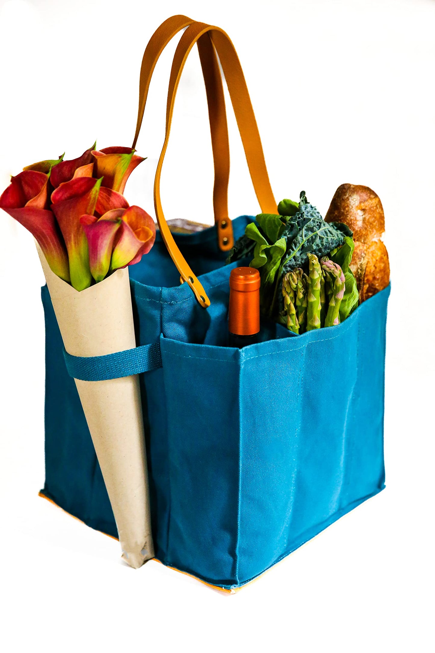 CapaBunga Farmer's Market Tote Shopping Bags with Handles - 7 Pocket Large Utility Tote Bag - Heavy Duty Canvas Utility Bag with Vegan Leather Base - Reusable Tote Bag - Petrol Blue Grocery Bag