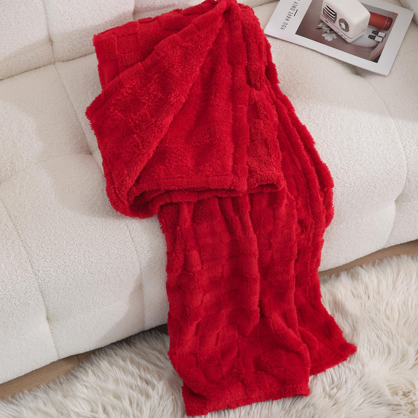 Linecooo Red Fleece Throw Blanket 50”×60”Checkered Design for Couch Sofa