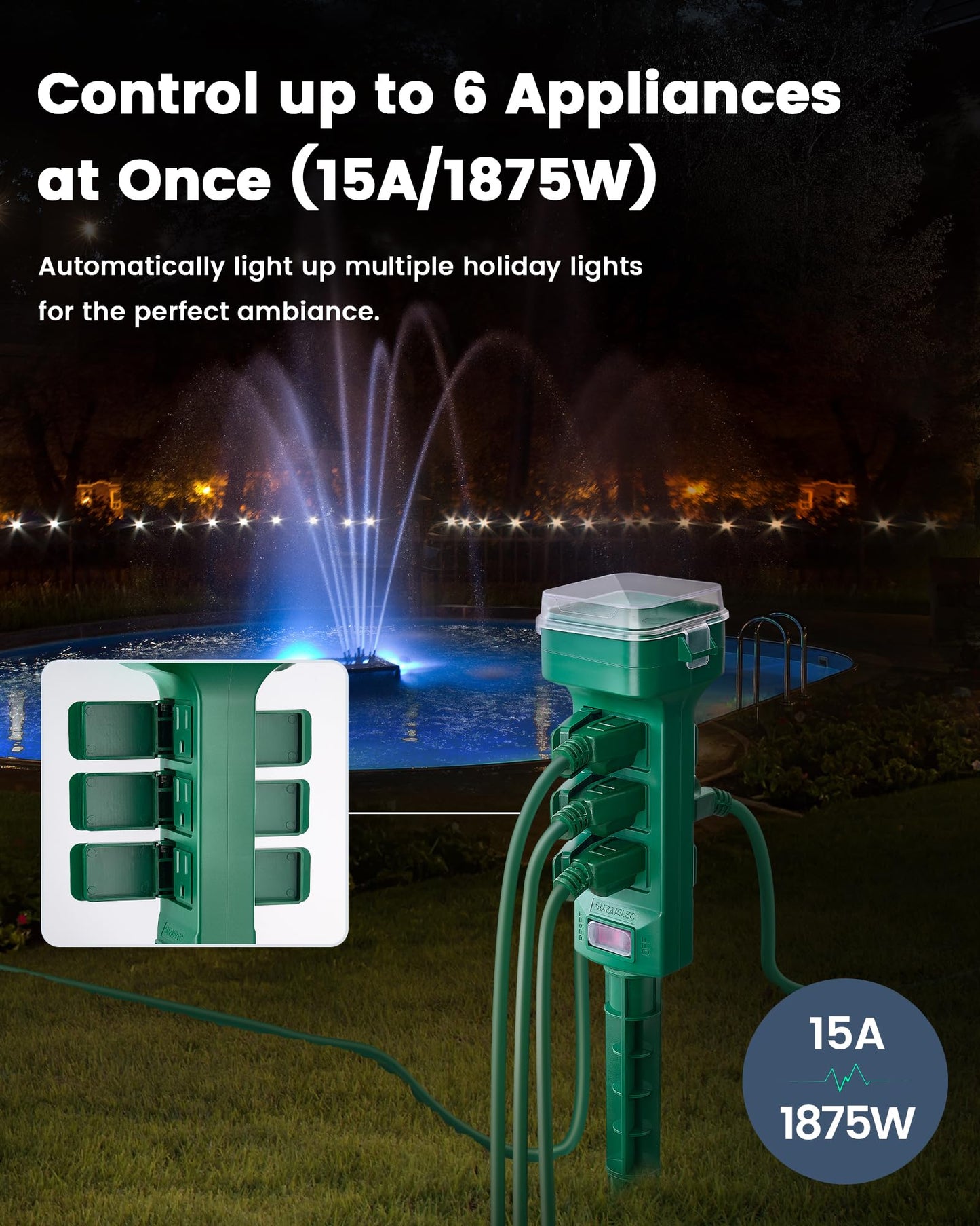 SURAIELEC Outdoor Power Stake Timer Waterproof, 100FT Wireless Remote Control, Dusk to Dawn Timer, 6 Grounded Plug Outlets, Power Strip for Christmas Lights, Garden, Patio, Outdoor Lights, 6FT