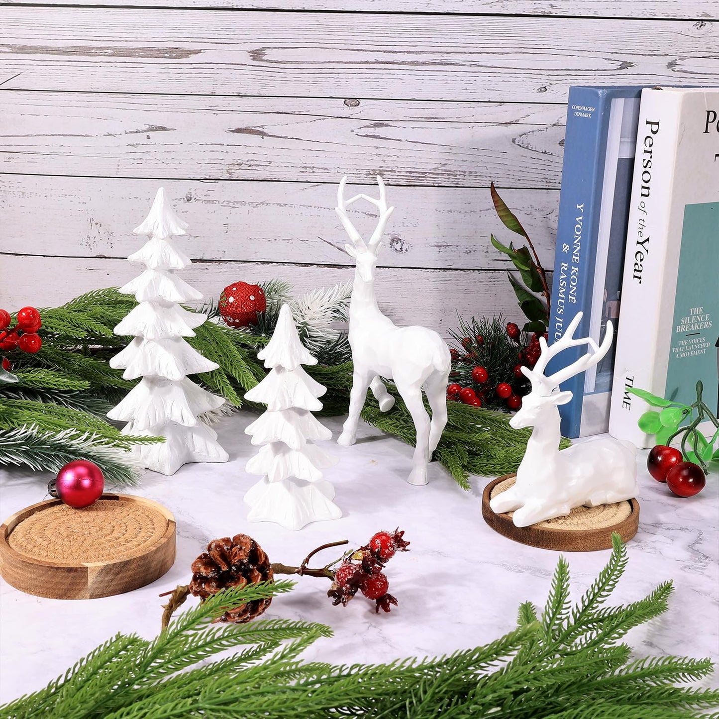 2 Pcs Christmas Tree Figurines and 2 Pcs Christmas Reindeer Figurines, White Tabletop Christmas Decorations Resin Christmas Tree and Elk Statues for Table Centerpieces Desk Shelf Fireplace Decor
