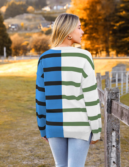 Zeagoo Womens Striped Oversized Sweater 2025 Crew Neck Long Sleeve Knitted Color Block Casual Loose Pullover Top