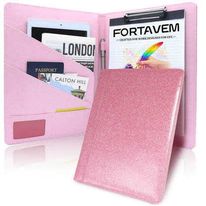 FORTAVEM Professional Portfolio Binder, Faux Leather Padfolio for Resume, Note-Taking & Meetings, A4 Letter Writing Pad Holder for Women & Men, Pink