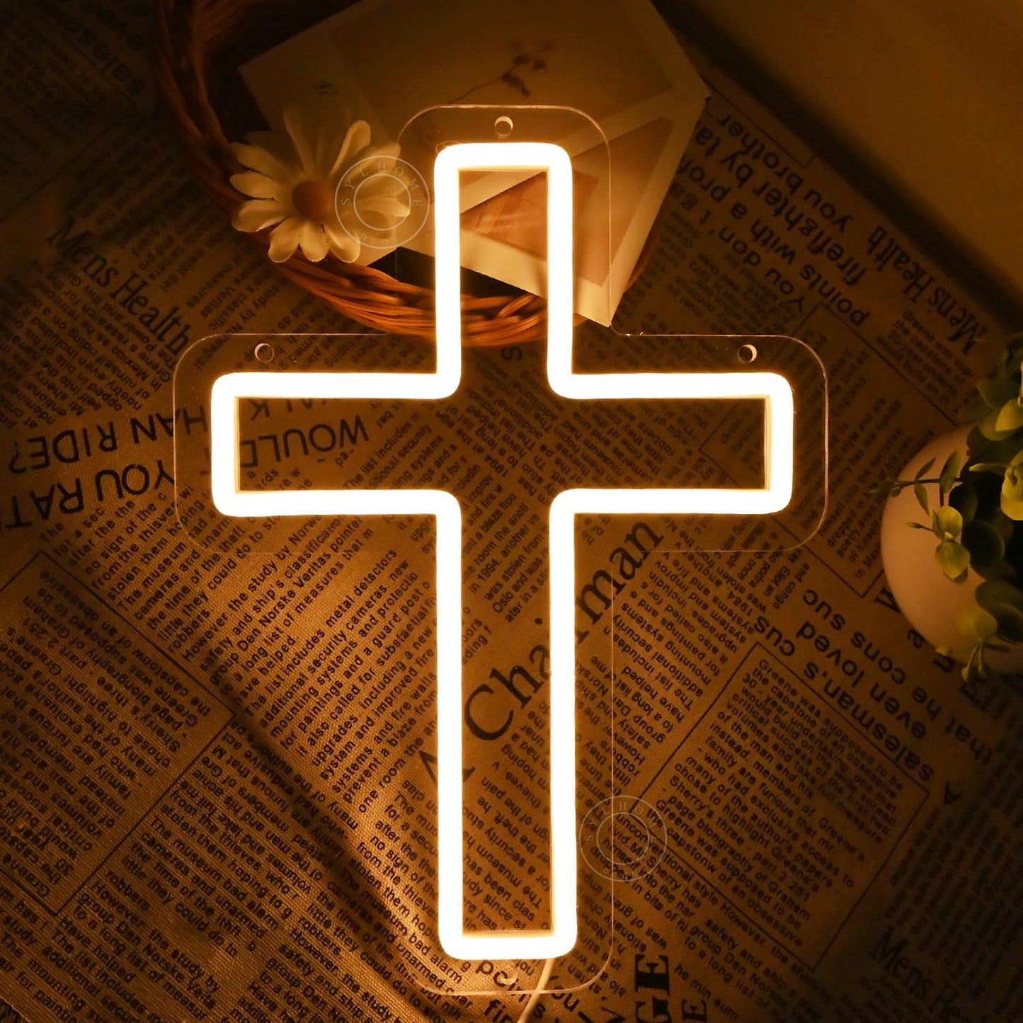 SYLHOME Cross Led Neon Light Sign Kids Bedroom Nursery Wall Sign Decor Christening Baby Shower Wedding Birthday Party Backdrop 11.8" X 8.66" USB