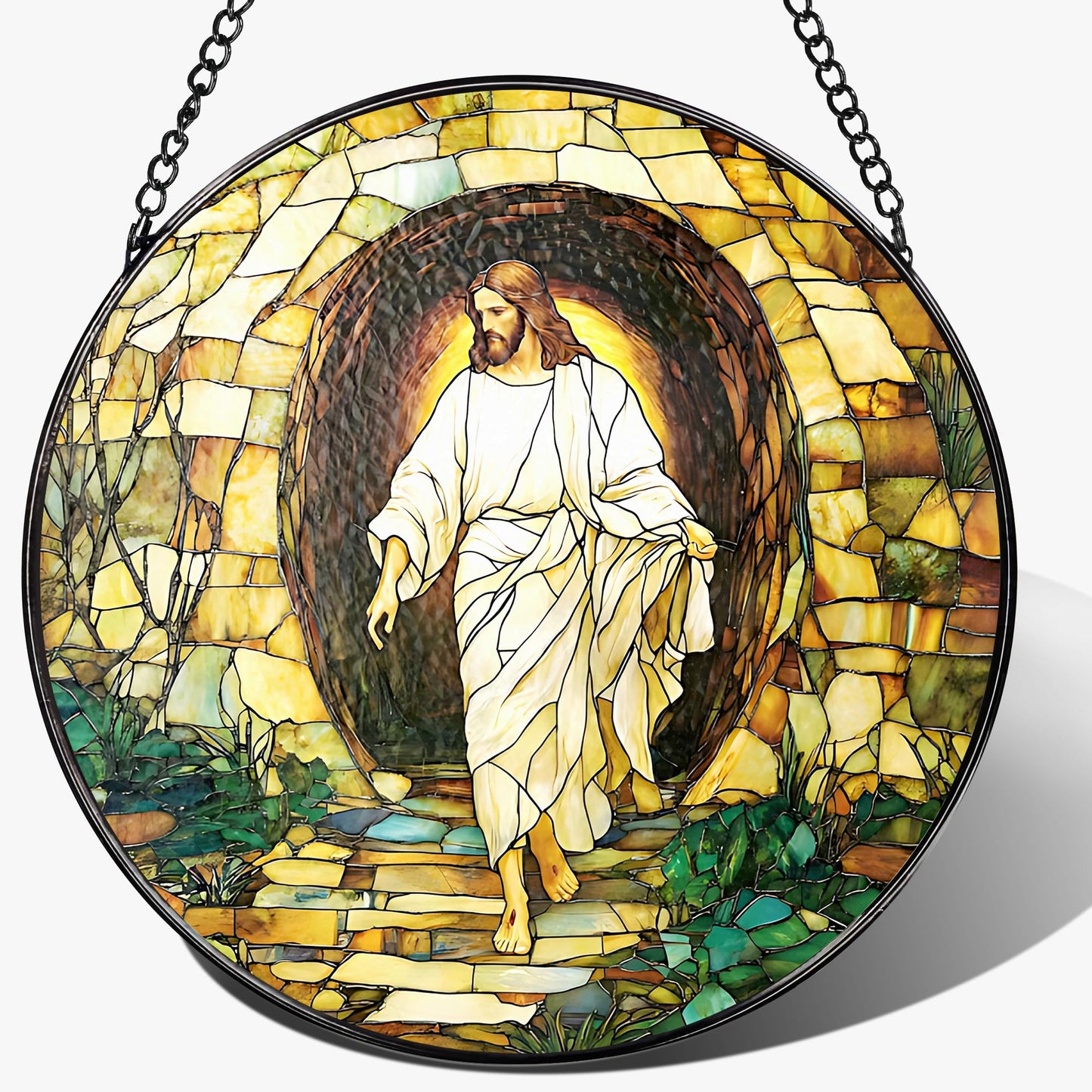 8 Inch He is Risen Resurrection of Jesus Sun Catchers, Stained Glass Window Hanging, Stained Glass Suncatchers for Windows, Christian Home Decor and Christmas, Christian Gift, Religious Gift